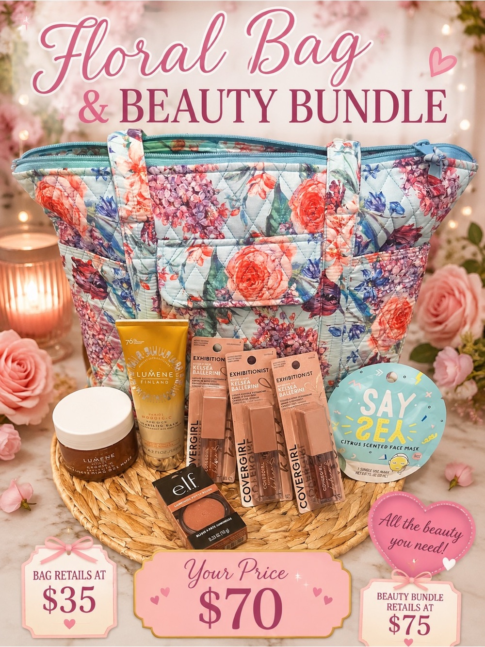 Floral Quilted Tote with Blue Floral Design & Skincare Moisturizer Bundle